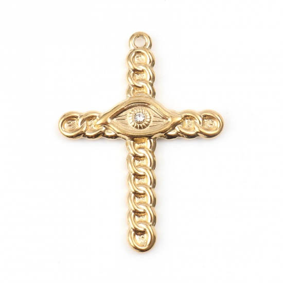 Picture of 201 Stainless Steel Religious Pendants Cross Gold Plated Eye Clear Rhinestone 36mm x 27mm, 1 Piece