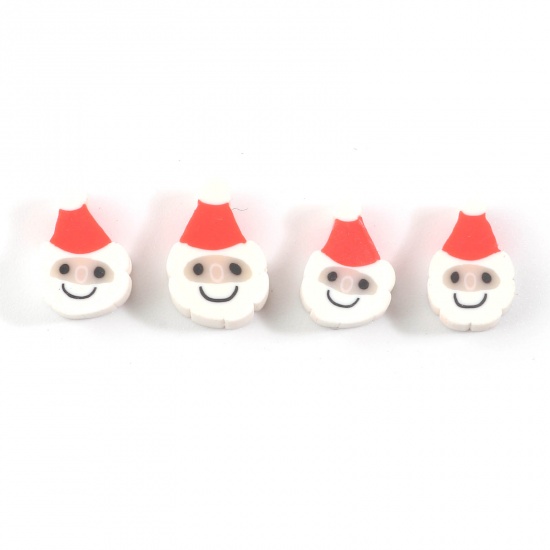 Picture of Polymer Clay Beads Christmas Snowman White & Red About 11mm x 7.5mm, Hole: Approx 2.5mm - 2mm, 50 PCs