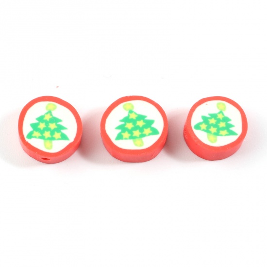 Picture of Polymer Clay Beads Round Red & Green Christmas Tree Pattern About 10mm Dia, Hole: Approx 2.5mm - 2mm, 50 PCs