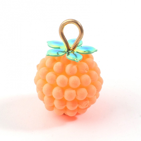 Picture of Resin Charms Raspberry Fruit Gold Plated Orange 18mm x 12mm, 20 PCs
