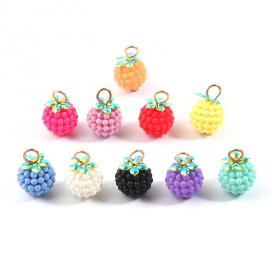 Picture of Resin Charms Raspberry Fruit Gold Plated At Random Color Mixed 18mm x 12mm, 20 PCs