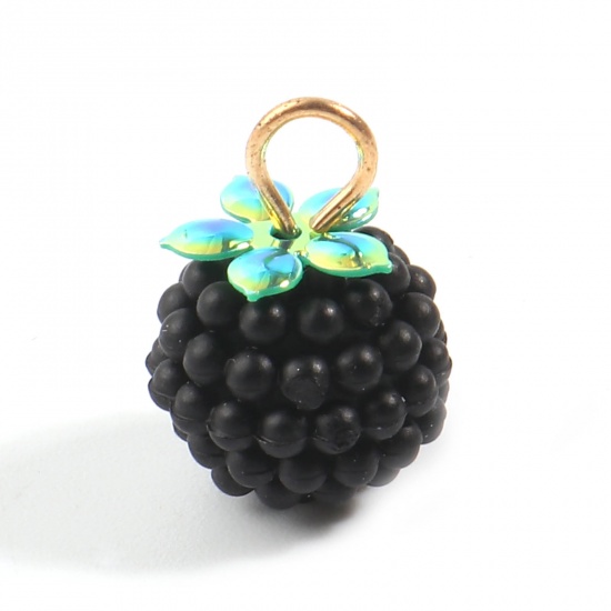 Picture of Resin Charms Raspberry Fruit Gold Plated Black 18mm x 12mm, 20 PCs