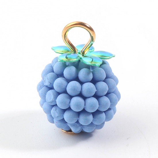Picture of Resin Charms Raspberry Fruit Gold Plated Blue 18mm x 12mm, 20 PCs