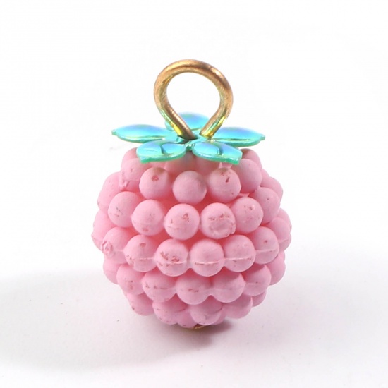 Picture of Resin Charms Raspberry Fruit Gold Plated Pink 18mm x 12mm, 20 PCs
