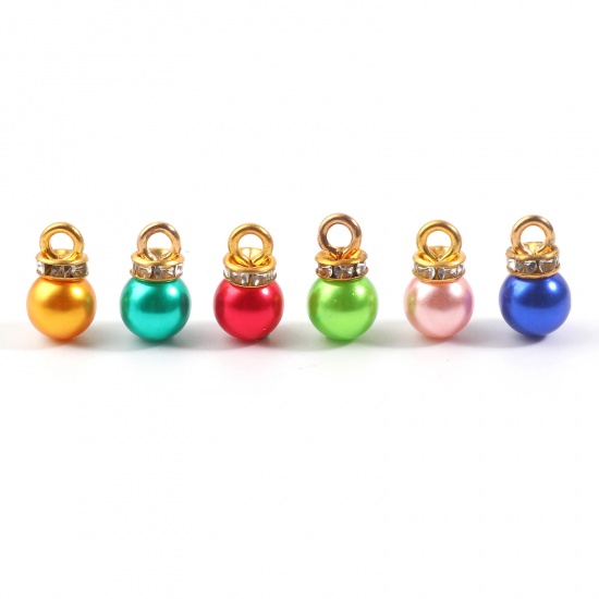 Picture of Acrylic Charms Round Gold Plated At Random Color Mixed Imitation Pearl Clear Rhinestone 13mm x 8mm, 50 PCs