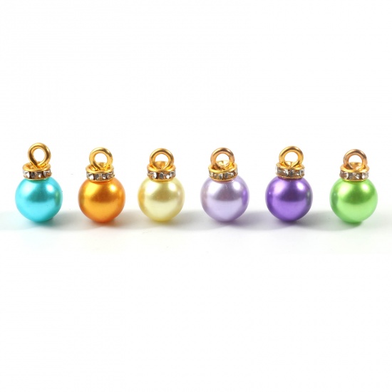 Picture of Acrylic Charms Round Gold Plated At Random Color Mixed Imitation Pearl Clear Rhinestone 15mm x 10mm, 50 PCs