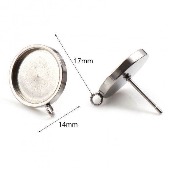 Picture of 304 Stainless Steel Ear Post Stud Earrings Round Silver Tone W/ Loop Cabochon Settings (Fits 12mm Dia.) 17mm x 14mm, Post/ Wire Size: (20 gauge), 6 PCs