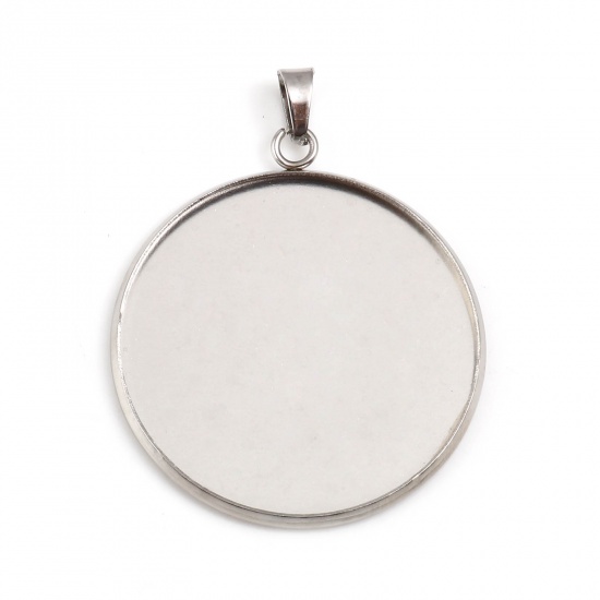 Picture of 304 Stainless Steel Pendants Round Silver Tone Cabochon Settings (Fits 3cm ) 4.1cm x 3.2cm, 1 Packet ( 10 PCs/Packet)