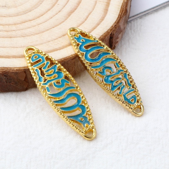 Picture of Zinc Based Alloy Religious Connectors Marquise Gold Plated Blue Enamel 41mm x 12mm, 10 PCs