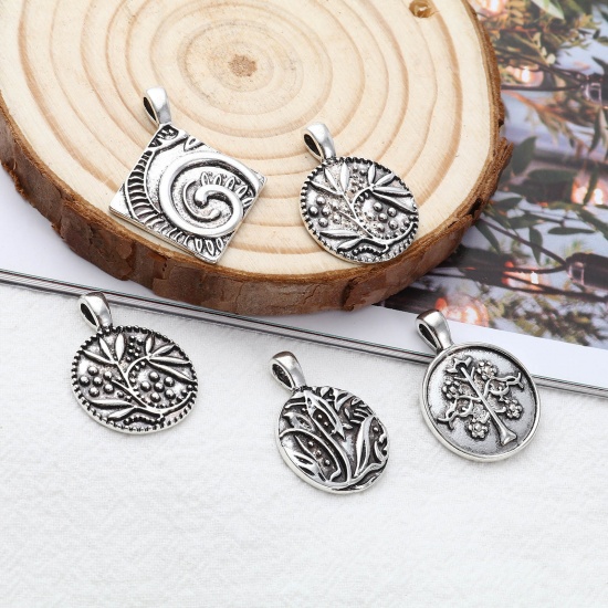 Picture of Zinc Based Alloy Charms Round Antique Silver Color Flower Leaves 26mm x 19mm, 10 PCs
