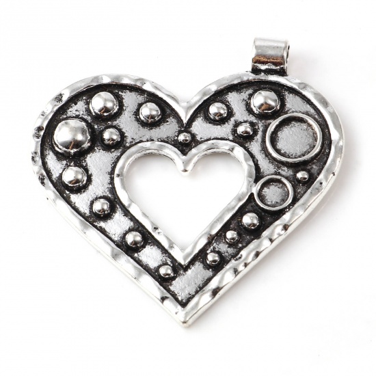 Picture of Zinc Based Alloy Valentine's Day Pendants Heart Antique Silver Color Round 44mm x 43mm, 5 PCs