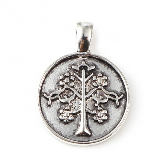 Picture of Zinc Based Alloy Charms Round Antique Silver Color Tree of Life 27mm x 20mm, 10 PCs