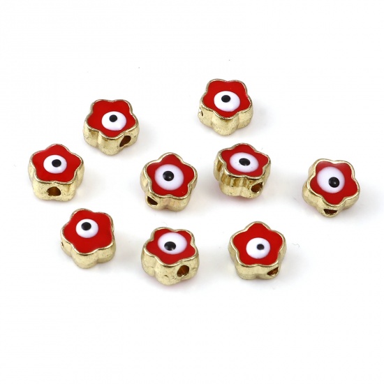 Picture of Zinc Based Alloy Religious Spacer Beads Flower Gold Plated Red Evil Eye Enamel About 6mm x 6mm, Hole: Approx 1.5mm, 10 PCs