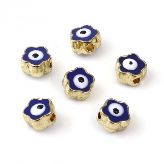 Picture of Zinc Based Alloy Religious Spacer Beads Flower Gold Plated Blue Black Evil Eye Enamel About 6mm x 6mm, Hole: Approx 1.5mm, 10 PCs