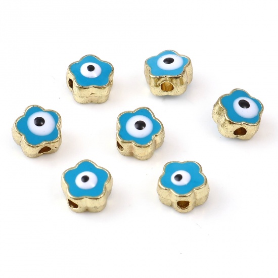 Picture of Zinc Based Alloy Religious Spacer Beads Flower Gold Plated Blue Evil Eye Enamel About 6mm x 6mm, Hole: Approx 1.5mm, 10 PCs