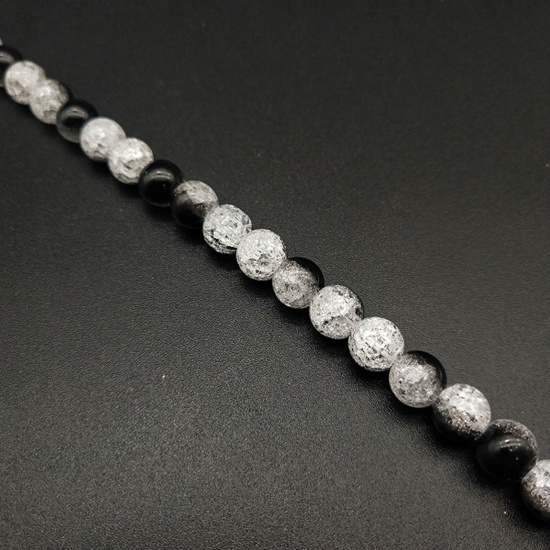 Picture of Glass Beads Round Black & White Crack Plating About 8mm Dia, Hole: Approx 1mm, 39cm(15 3/8") - 38cm(15") long, 1 Strand (Approx 48 PCs/Strand)