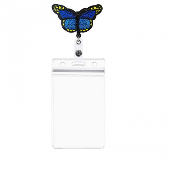 Picture of Blue - 1# Fabric Embroidered Butterfly Retractable Badge Reel Clip With PVC ID Card Holders 20x7.5cm, 1 Piece
