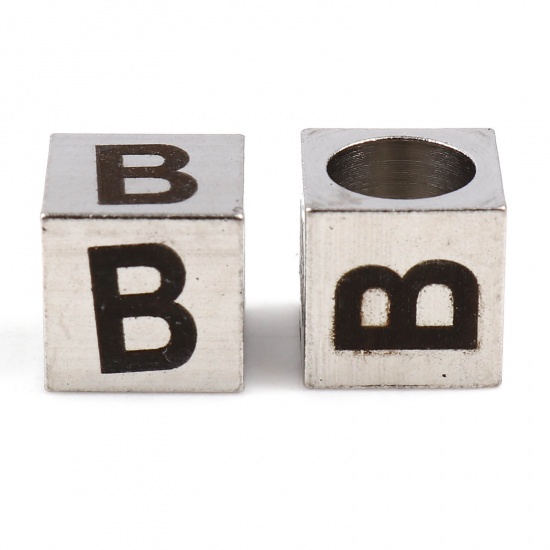Image de Perles pour DIY Fabrication de Bijoux en 304 Acier Inoxydable Carré Argent Mat Noir Alphabet Initial/ Lettre Majuscule Message " B" 7mm x 7mm, Trou: env. 5.1mm, 1 Pièce