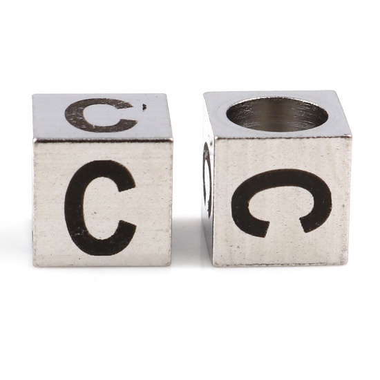 Image de Perles pour DIY Fabrication de Bijoux en 304 Acier Inoxydable Carré Argent Mat Noir Alphabet Initial/ Lettre Majuscule Message " C" 7mm x 7mm, Trou: env. 5.1mm, 1 Pièce