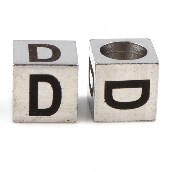 Image de Perles pour DIY Fabrication de Bijoux en 304 Acier Inoxydable Carré Argent Mat Noir Alphabet Initial/ Lettre Majuscule Message " D" 7mm x 7mm, Trou: env. 5.1mm, 1 Pièce