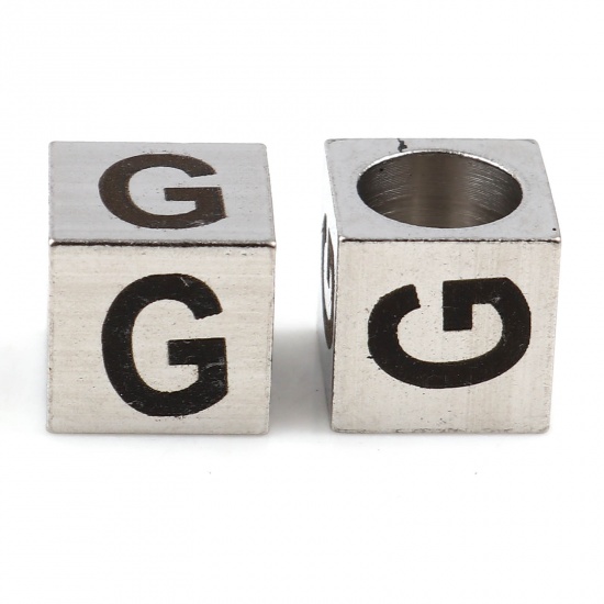 Image de Perles pour DIY Fabrication de Bijoux en 304 Acier Inoxydable Carré Argent Mat Noir Alphabet Initial/ Lettre Majuscule Message " G" 7mm x 7mm, Trou: env. 5.1mm, 1 Pièce