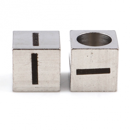 Image de Perles pour DIY Fabrication de Bijoux en 304 Acier Inoxydable Carré Argent Mat Noir Alphabet Initial/ Lettre Majuscule Message " I" 7mm x 7mm, Trou: env. 5.1mm, 1 Pièce