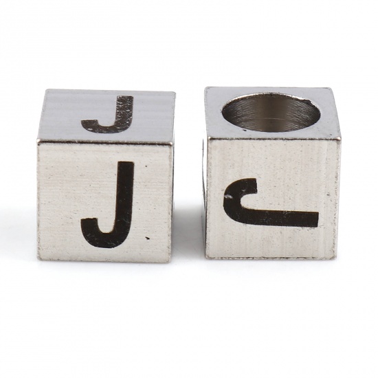 Image de Perles pour DIY Fabrication de Bijoux en 304 Acier Inoxydable Carré Argent Mat Noir Alphabet Initial/ Lettre Majuscule Message " J" 7mm x 7mm, Trou: env. 5.1mm, 1 Pièce