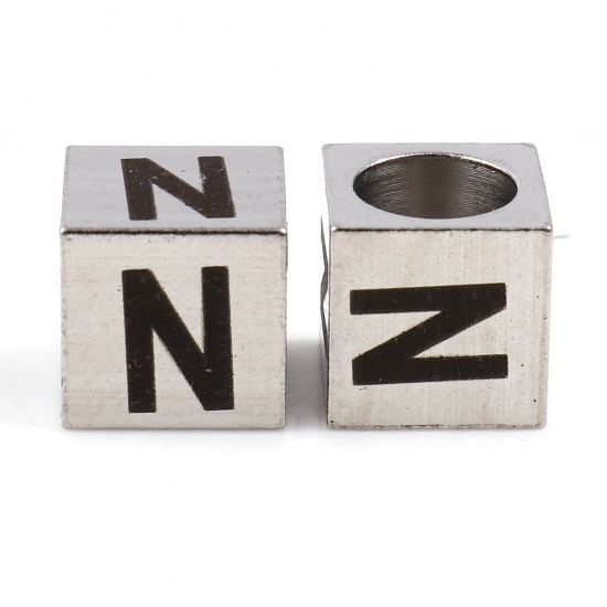 Image de Perles pour DIY Fabrication de Bijoux en 304 Acier Inoxydable Carré Argent Mat Noir Alphabet Initial/ Lettre Majuscule Message " N" 7mm x 7mm, Trou: env. 5.1mm, 1 Pièce