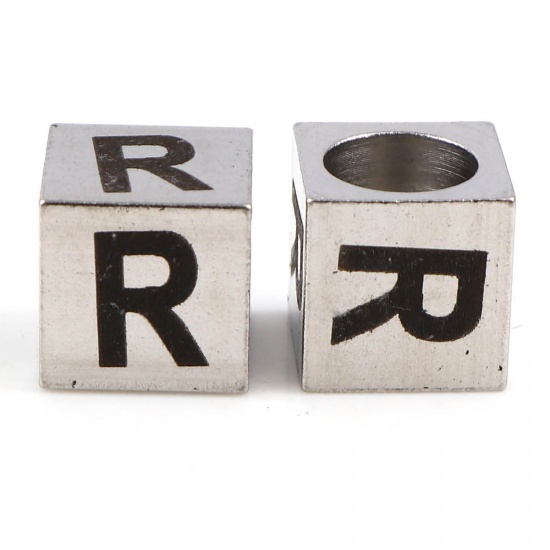 Image de Perles pour DIY Fabrication de Bijoux en 304 Acier Inoxydable Carré Argent Mat Noir Alphabet Initial/ Lettre Majuscule Message " R" 7mm x 7mm, Trou: env. 5.1mm, 1 Pièce
