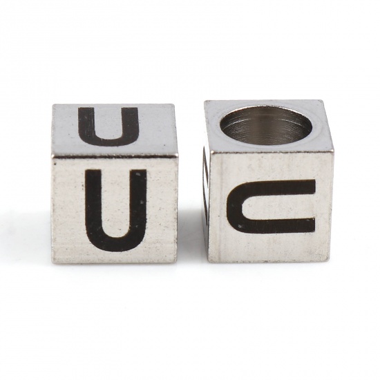 Image de Perles pour DIY Fabrication de Bijoux en 304 Acier Inoxydable Carré Argent Mat Noir Alphabet Initial/ Lettre Majuscule Message " U" 7mm x 7mm, Trou: env. 5.1mm, 1 Pièce