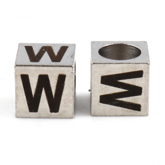 Image de Perles pour DIY Fabrication de Bijoux en 304 Acier Inoxydable Carré Argent Mat Noir Alphabet Initial/ Lettre Majuscule Message " W" 7mm x 7mm, Trou: env. 5.1mm, 1 Pièce