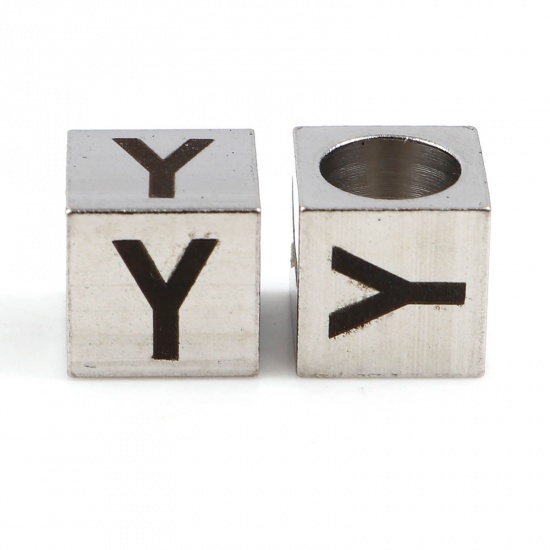 Image de Perles pour DIY Fabrication de Bijoux en 304 Acier Inoxydable Carré Argent Mat Noir Alphabet Initial/ Lettre Majuscule Message " Y" 7mm x 7mm, Trou: env. 5.1mm, 1 Pièce