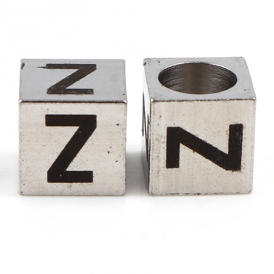 Image de Perles pour DIY Fabrication de Bijoux en 304 Acier Inoxydable Carré Argent Mat Noir Alphabet Initial/ Lettre Majuscule Message " Z" 7mm x 7mm, Trou: env. 5.1mm, 1 Pièce