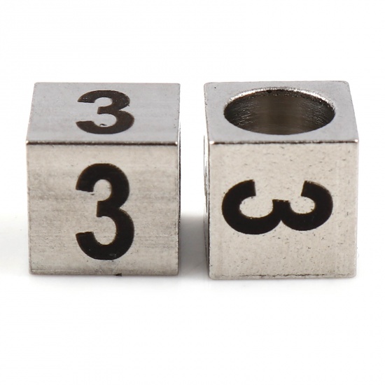 Picture of 304 Stainless Steel Beads For DIY Charm Jewelry Making Square Silver Tone Black Number Message " 3 " 7mm x 7mm, Hole: Approx 5.1mm, 1 Piece