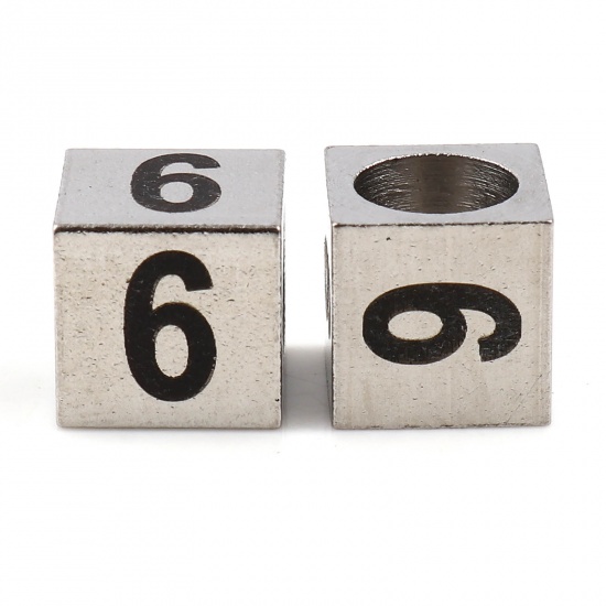Picture of 304 Stainless Steel Beads For DIY Charm Jewelry Making Square Silver Tone Black Number Message " 6 " 7mm x 7mm, Hole: Approx 5.1mm, 1 Piece