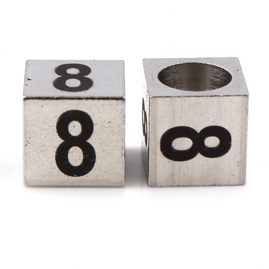 Picture of 304 Stainless Steel Beads For DIY Charm Jewelry Making Square Silver Tone Black Number Message " 8 " 7mm x 7mm, Hole: Approx 5.1mm, 1 Piece