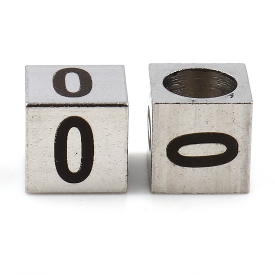 Immagine di Acciaio Inossidabile Perline Quadrato Tono Argento Nero Numero Lettere " 0 " 7mm x 7mm, Buco: Circa 5.1mm, 1 Pz