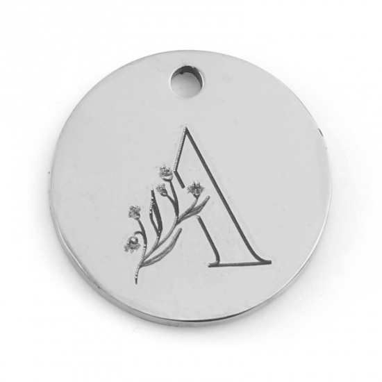 Picture of 201 Stainless Steel Charms Silver Tone Round Flower Message " A " 15mm Dia., 1 Piece