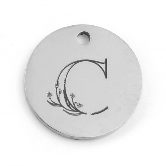 Picture of 201 Stainless Steel Charms Silver Tone Round Flower Message " C " 15mm Dia., 1 Piece