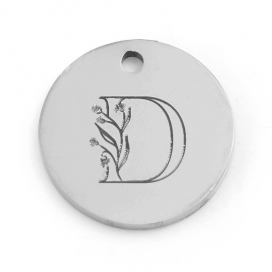 Picture of 201 Stainless Steel Charms Silver Tone Round Flower Message " D " 15mm Dia., 1 Piece