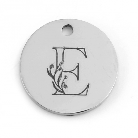 Picture of 201 Stainless Steel Charms Silver Tone Round Flower Message " E " 15mm Dia., 1 Piece