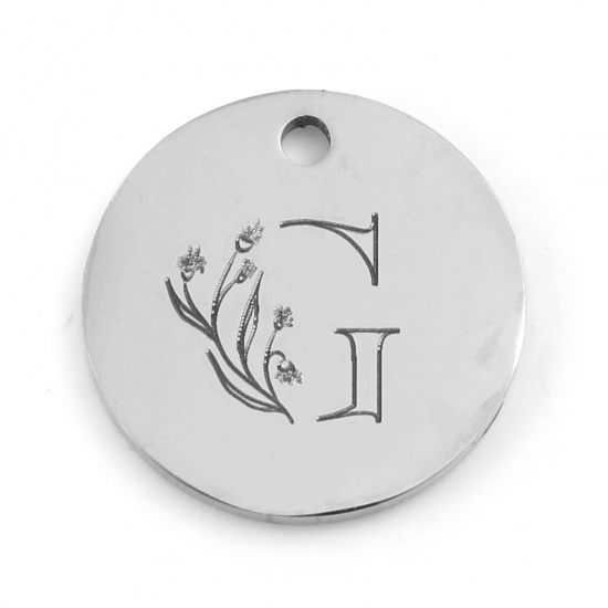 Picture of 201 Stainless Steel Charms Silver Tone Round Flower Message " G " 15mm Dia., 1 Piece