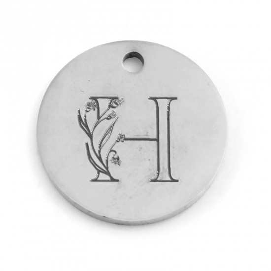 Picture of 201 Stainless Steel Charms Silver Tone Round Flower Message " H " 15mm Dia., 1 Piece