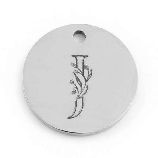 Picture of 201 Stainless Steel Charms Silver Tone Round Flower Message " J " 15mm Dia., 1 Piece