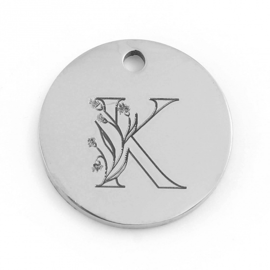 Picture of 201 Stainless Steel Charms Silver Tone Round Flower Message " K " 15mm Dia., 1 Piece