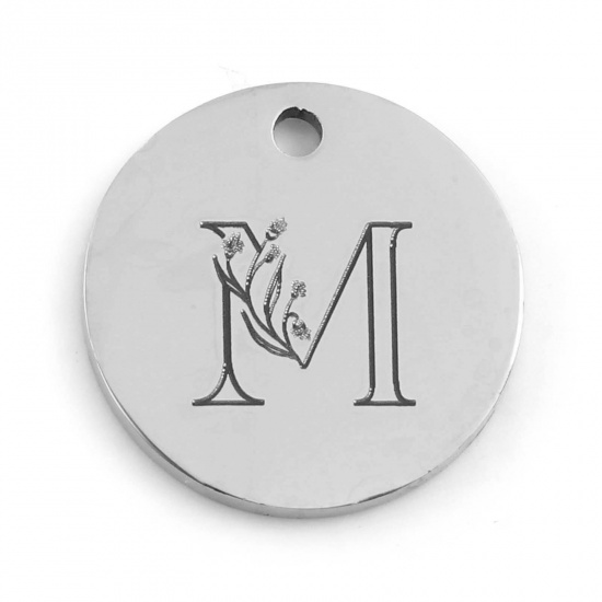 Picture of 201 Stainless Steel Charms Silver Tone Round Flower Message " M " 15mm Dia., 1 Piece