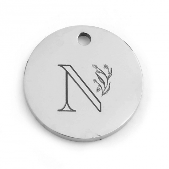 Picture of 201 Stainless Steel Charms Silver Tone Round Flower Message " N " 15mm Dia., 1 Piece