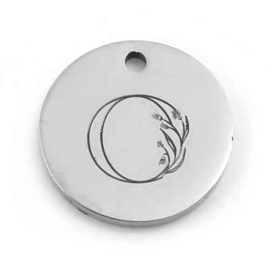 Picture of 201 Stainless Steel Charms Silver Tone Round Flower Message " O " 15mm Dia., 1 Piece