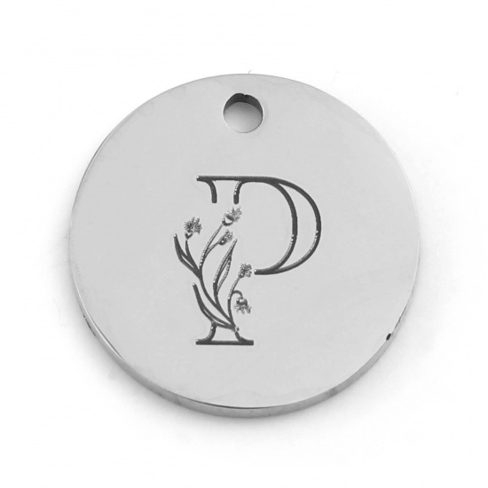 Picture of 201 Stainless Steel Charms Silver Tone Round Flower Message " P " 15mm Dia., 1 Piece