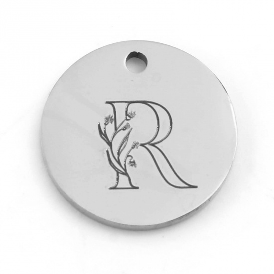 Picture of 201 Stainless Steel Charms Silver Tone Round Flower Message " R " 15mm Dia., 1 Piece